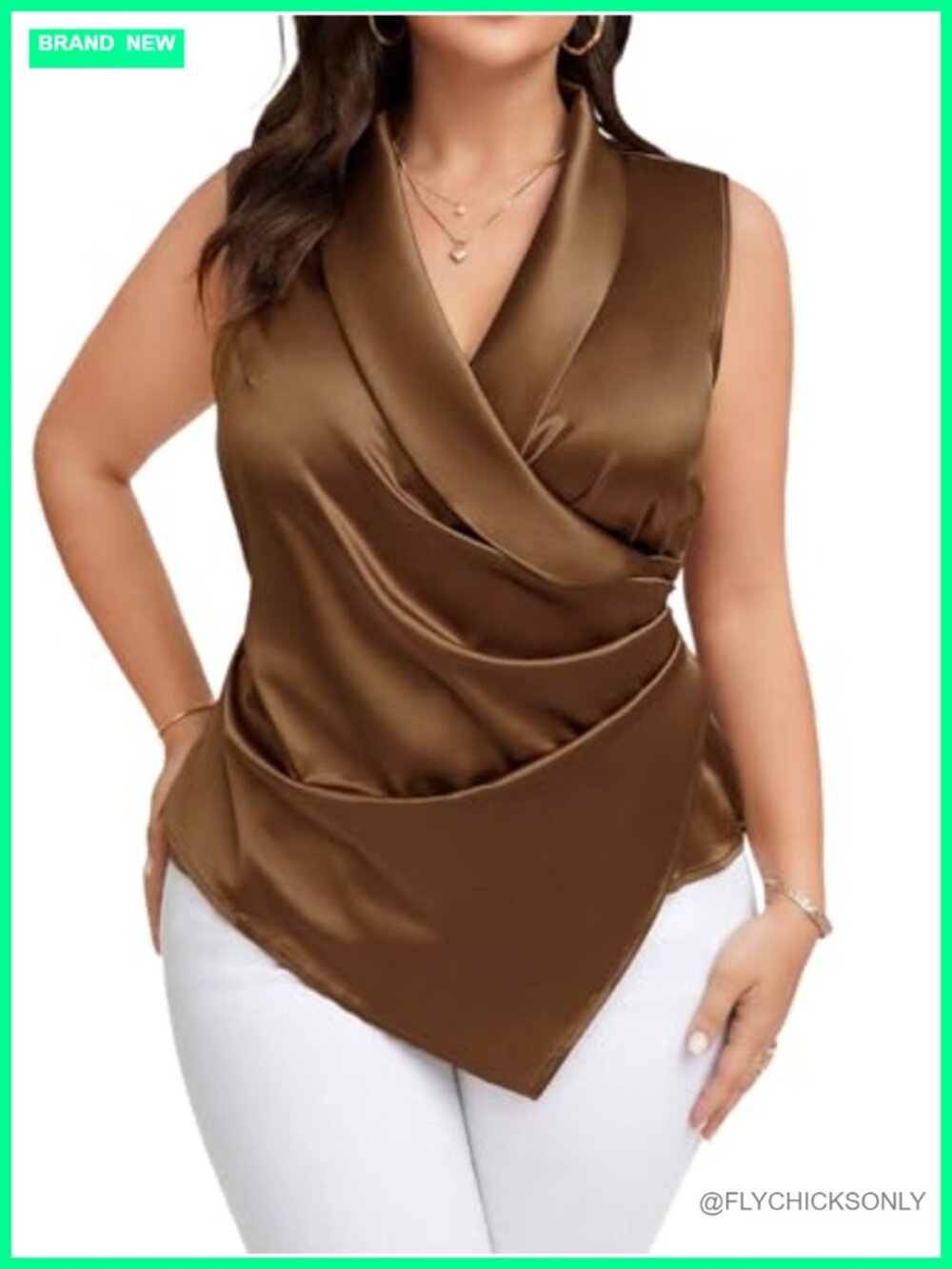 Women's Plus Size Satin Wrap V Neck Sleeveless Blouse Asymmetrical Hem Office